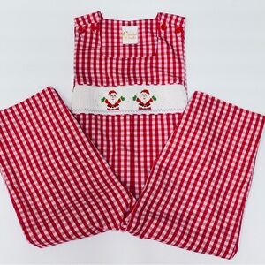Smocked Giraffe Boy's Size 2 Christmas Longalls Red White Gingham Santas 2016